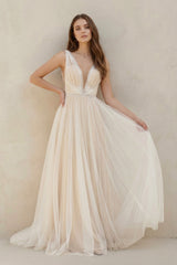 Saskia | A-Line Tulle Gorgeous Deep V-Neck Open Back Double Layers Elegant Floor Length Long Dress With Sequin– Wedding Dresses by KissProm | Available at KissProm