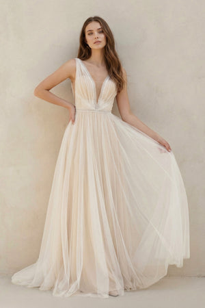 Saskia | A-Line Tulle Gorgeous Deep V-Neck Open Back Double Layers Elegant Floor Length Long Dress With Sequin– Wedding Dresses by KissProm | Available at KissProm