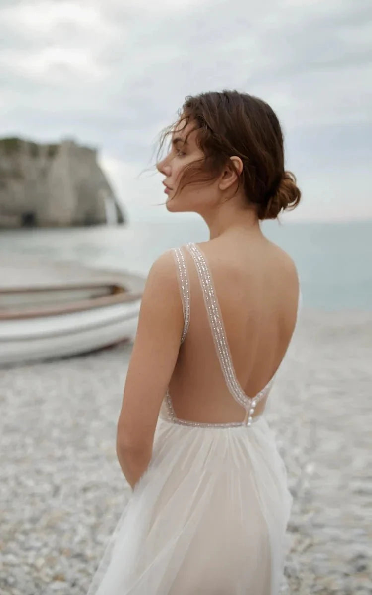 A-Line Tulle Gorgeous Deep V-Neck Open Back Double Layers Elegant Floo A-Line Tulle Gorgeous Deep V-Neck Open Back Double Layers Elegant Floo