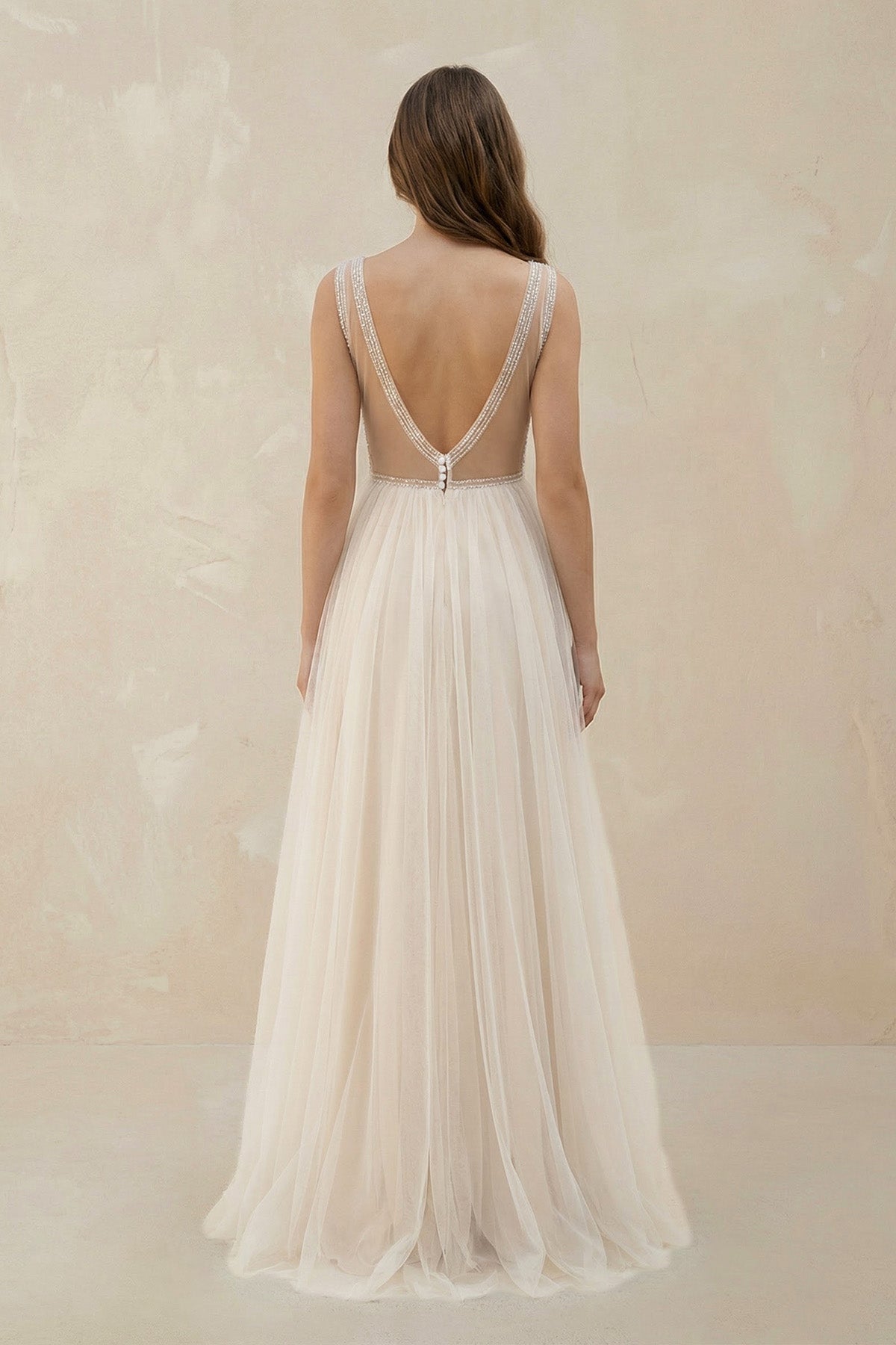 A-Line Tulle Gorgeous Deep V-Neck Open Back Double Layers Elegant Floor Length Long Dress With Sequin, White-Nude / 6 A-Line Tulle Gorgeous Deep V-Neck Open Back Double Layers Elegant Floor Length Long Dress With Sequin, White-Nude / 6