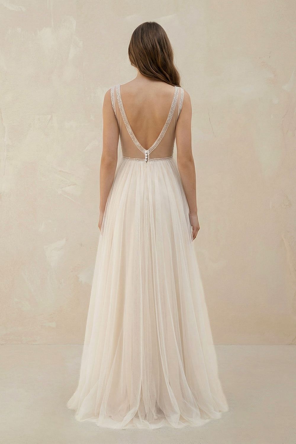 Saskia | A-Line Tulle Gorgeous Deep V-Neck Open Back Double Layers Elegant Floor Length Long Dress With Sequin– Wedding Dresses by KissProm | Available at KissProm