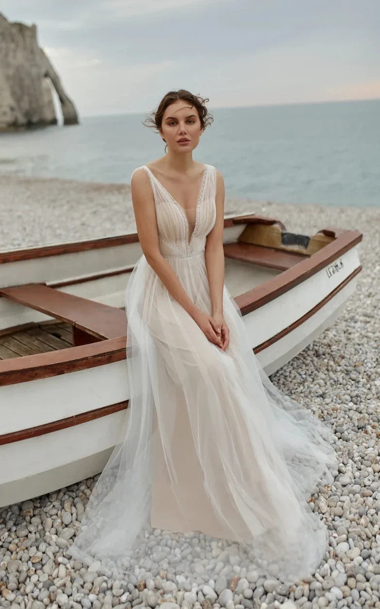 A-Line Tulle Gorgeous Deep V-Neck Open Back Double Layers Elegant Floor Length Long Dress With Sequin, White-Nude / 6 A-Line Tulle Gorgeous Deep V-Neck Open Back Double Layers Elegant Floor Length Long Dress With Sequin, White-Nude / 6