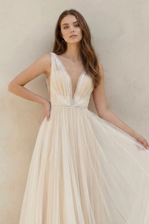 A-Line Tulle Gorgeous Deep V-Neck Open Back Double Layers Elegant Floo A-Line Tulle Gorgeous Deep V-Neck Open Back Double Layers Elegant Floo