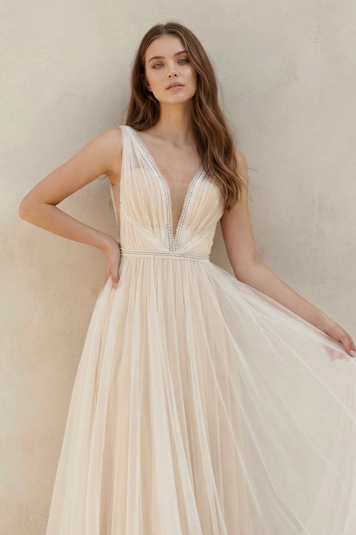 A-Line Tulle Gorgeous Deep V-Neck Open Back Double Layers Elegant Floor Length Long Dress With Sequin, White-Nude / 6 A-Line Tulle Gorgeous Deep V-Neck Open Back Double Layers Elegant Floor Length Long Dress With Sequin, White-Nude / 6