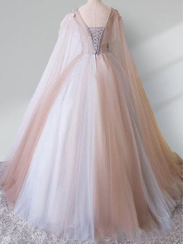 A Line Tulle Khaki Embroidery Appliqued Long Dresses