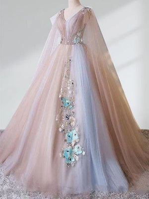 A Line Tulle Khaki Embroidery Appliqued Long Dresses