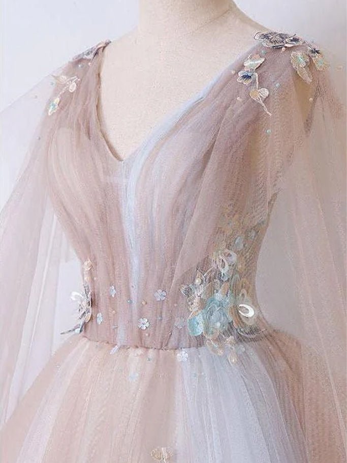 A Line Tulle Khaki Embroidery Appliqued Long Dresses