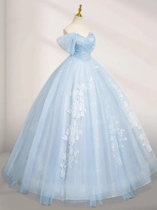 A-Line Tulle Lace Blue Long Prom Dress Off Shoulder Sky Blue Dress