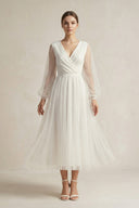 A Line Tulle Long Sleeves Wedding Dress in Ivory - KissProm Wedding Dresses