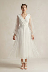 A Line Tulle Long Sleeves Wedding Dress in Ivory - KissProm Wedding Dresses