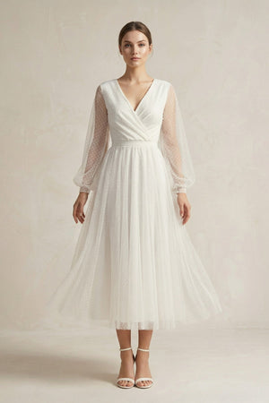 A Line Tulle Long Sleeves Wedding Dress in Ivory - KissProm Wedding Dresses