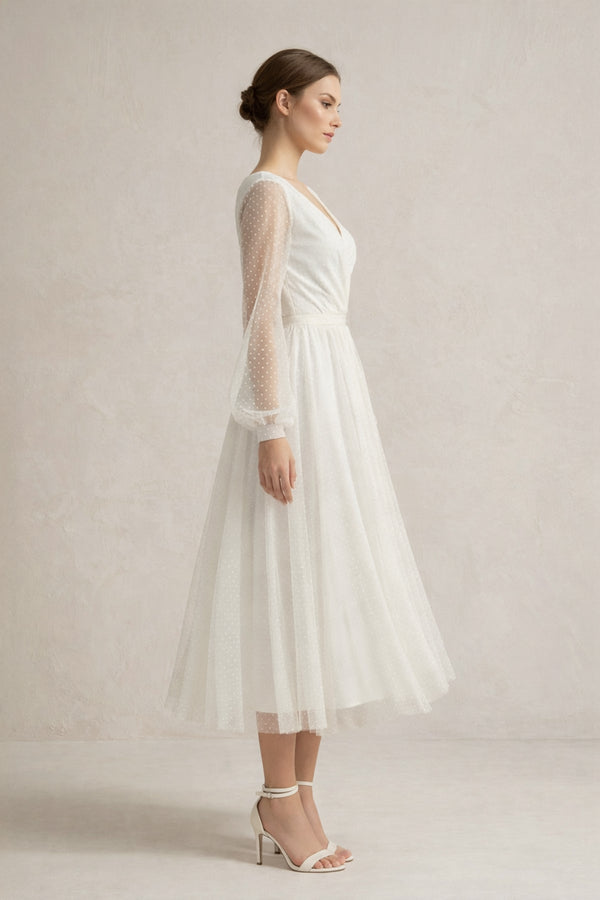 A Line Tulle Long Sleeves Wedding Dress in Ivory - KissProm Wedding Dresses