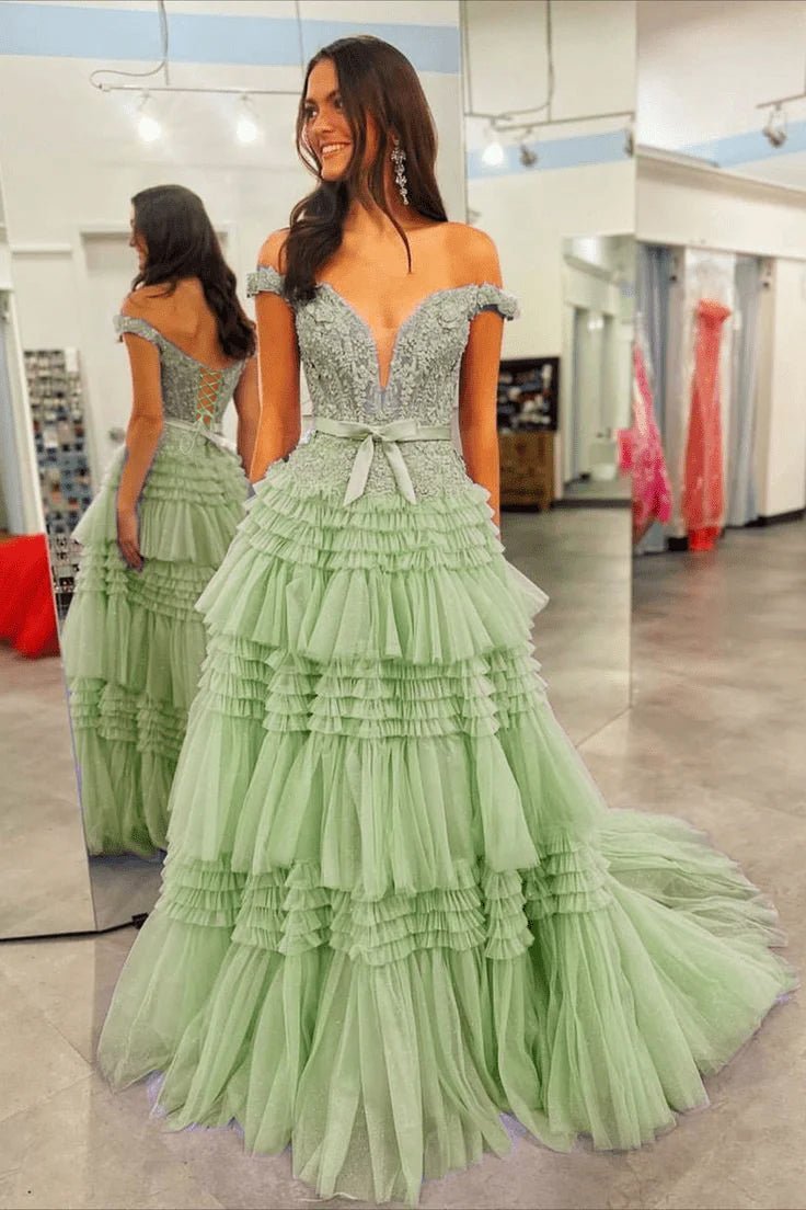 Sage Green A Line Tulle Ruffles Off the Shoulder Long Prom Dresses with Bow - KissProm