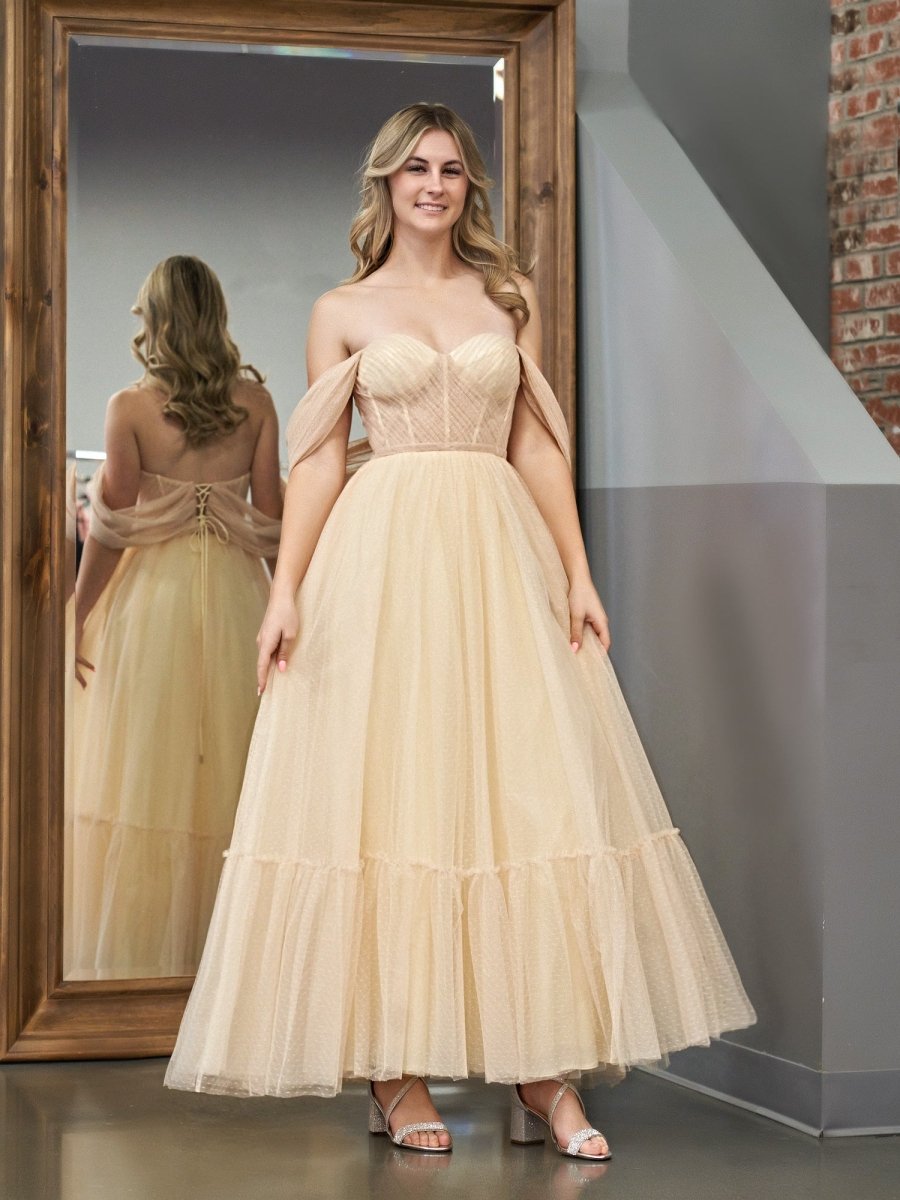 A-Line Tulle Sweetheart Tea-Length Homecoming Dress, Champagne / 14