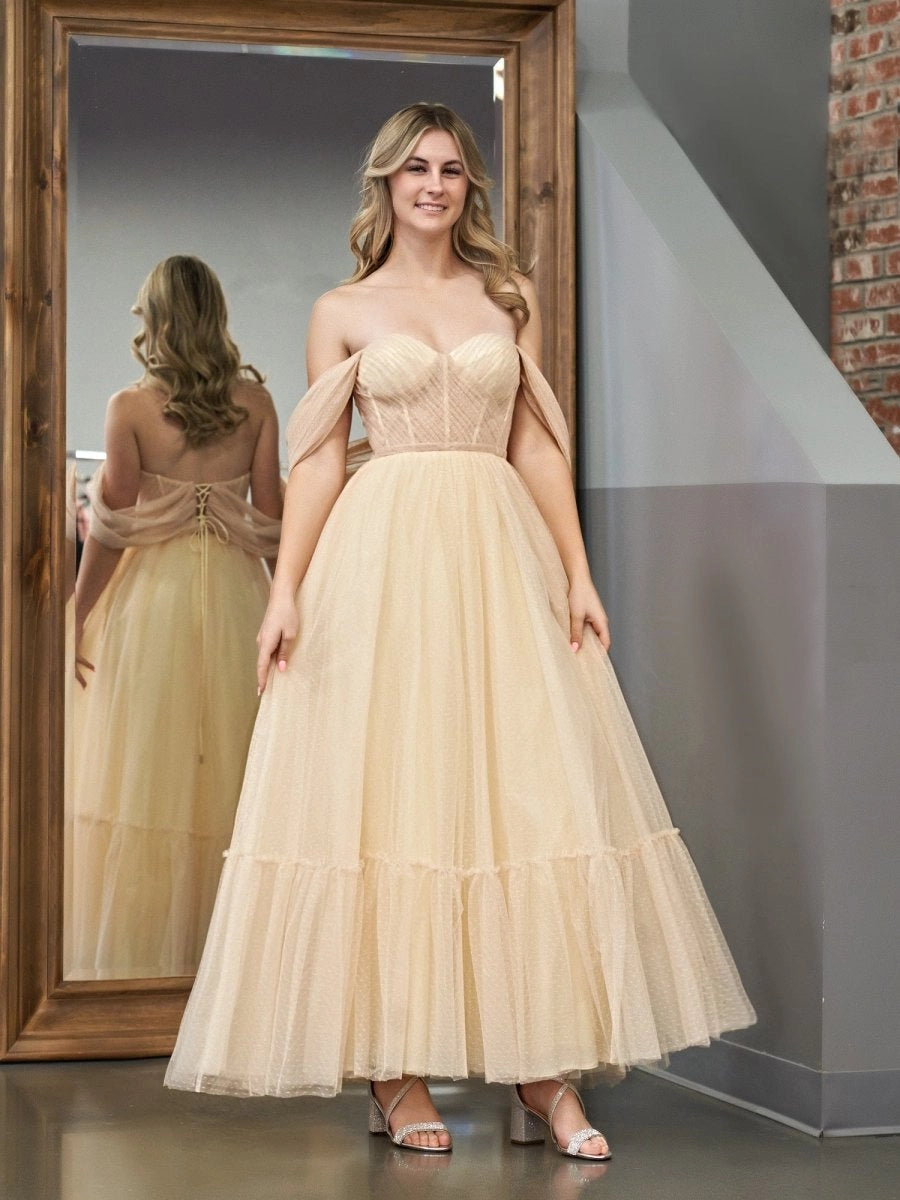 KissProm A-Line Tulle Sweetheart Tea-Length Homecoming Dress, Champagne / 14