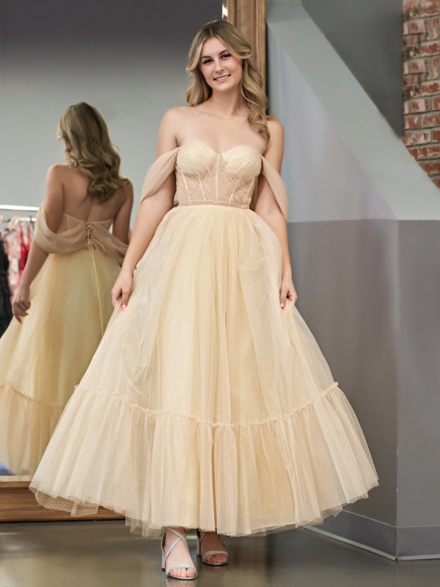 A-Line Tulle Sweetheart Tea-Length Homecoming Dress, Champagne / 14