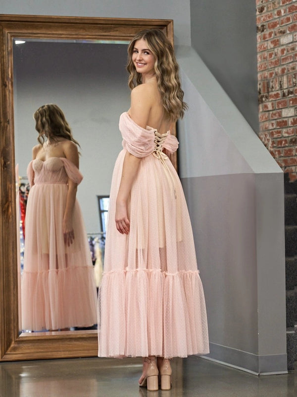 A-Line Tulle Sweetheart Tea-Length Homecoming Dress - KissProm