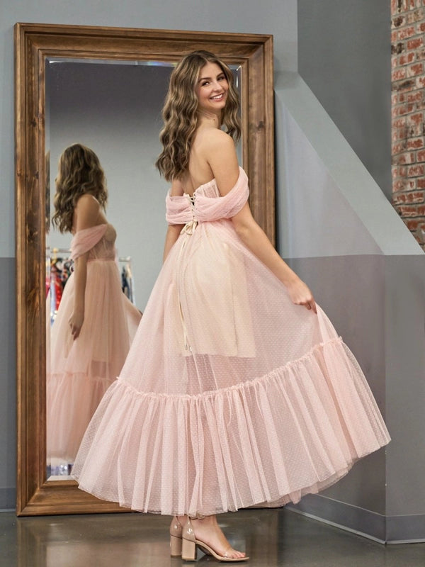 A-Line Tulle Sweetheart Tea-Length Homecoming Dress - KissProm