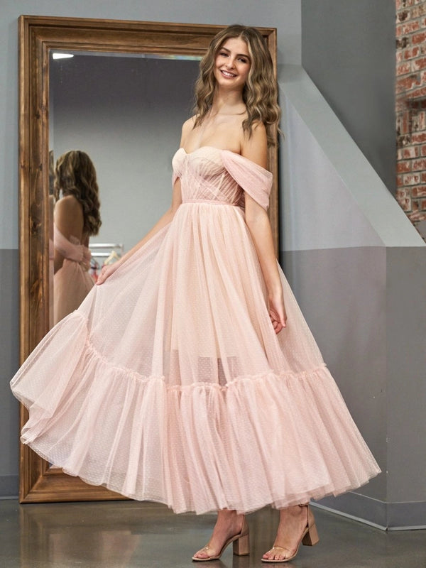 A-Line Tulle Sweetheart Tea-Length Homecoming Dress - KissProm