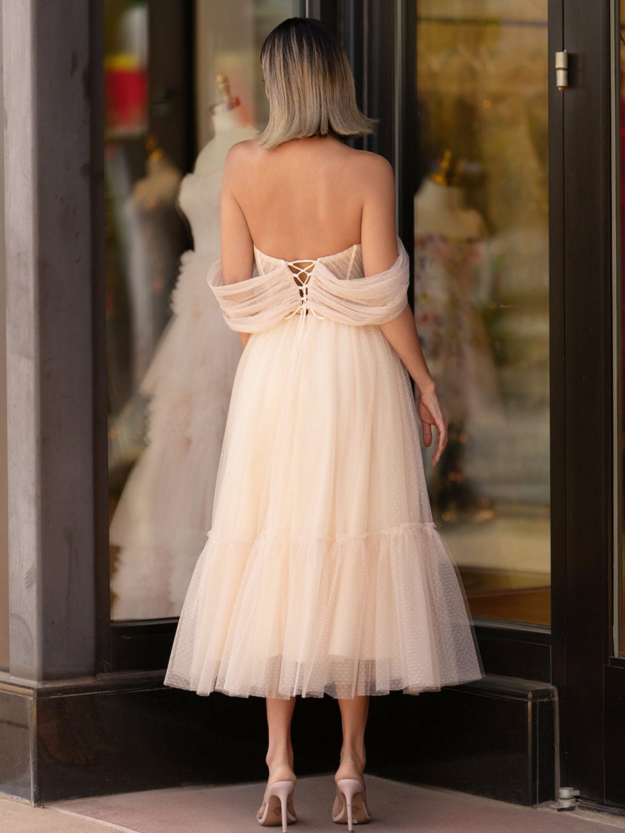 A-Line Tulle Sweetheart Tea-Length Homecoming Dress, Champagne / 14 A-Line Tulle Sweetheart Tea-Length Homecoming Dress, Champagne / 14
