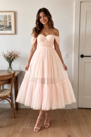 A-Line Tulle Sweetheart Tea-Length Homecoming Dress - KissProm