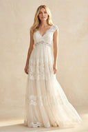 V-Neck Long Cap-Sleeve Appliqued Lace Tulle Wedding Dress – Wedding Dresses by KissProm | Available at KissProm