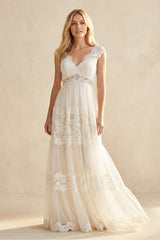 V-Neck Long Cap-Sleeve Appliqued Lace Tulle Wedding Dress – Wedding Dresses by KissProm | Available at KissProm