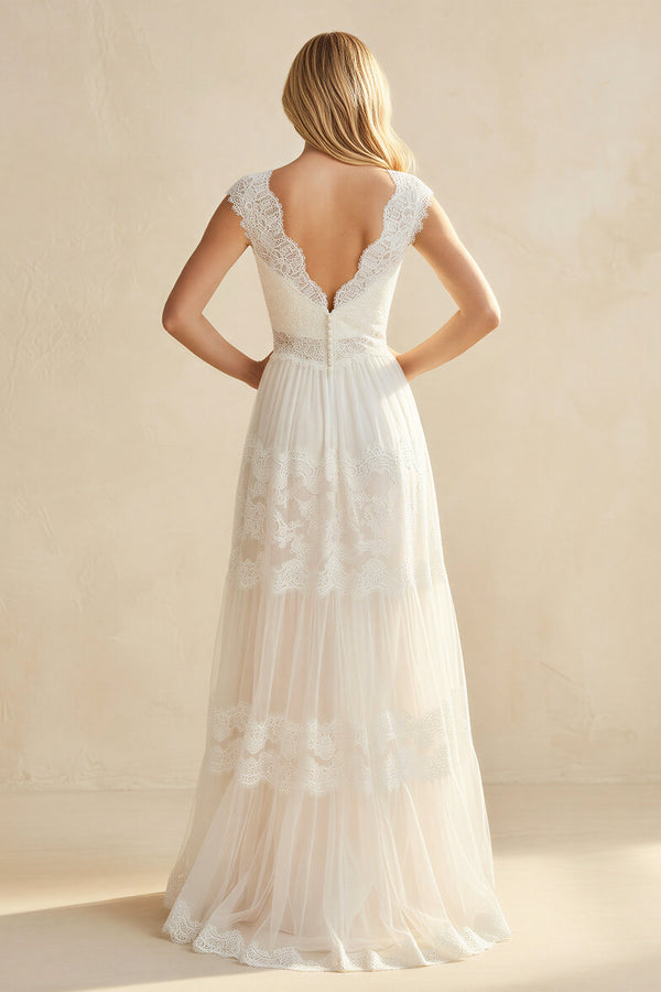 V-Neck Long Cap-Sleeve Appliqued Lace Tulle Wedding Dress – Wedding Dresses by KissProm | Available at KissProm