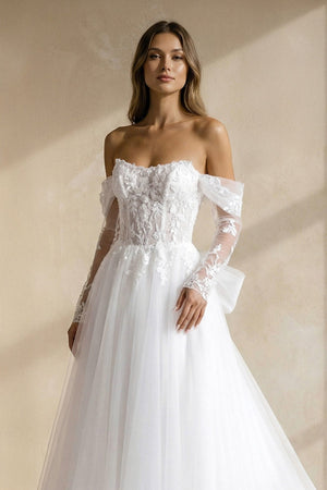 A-Line Tulle Wedding Dress with Appliques in White – Dress by KissProm | Available at KissProm