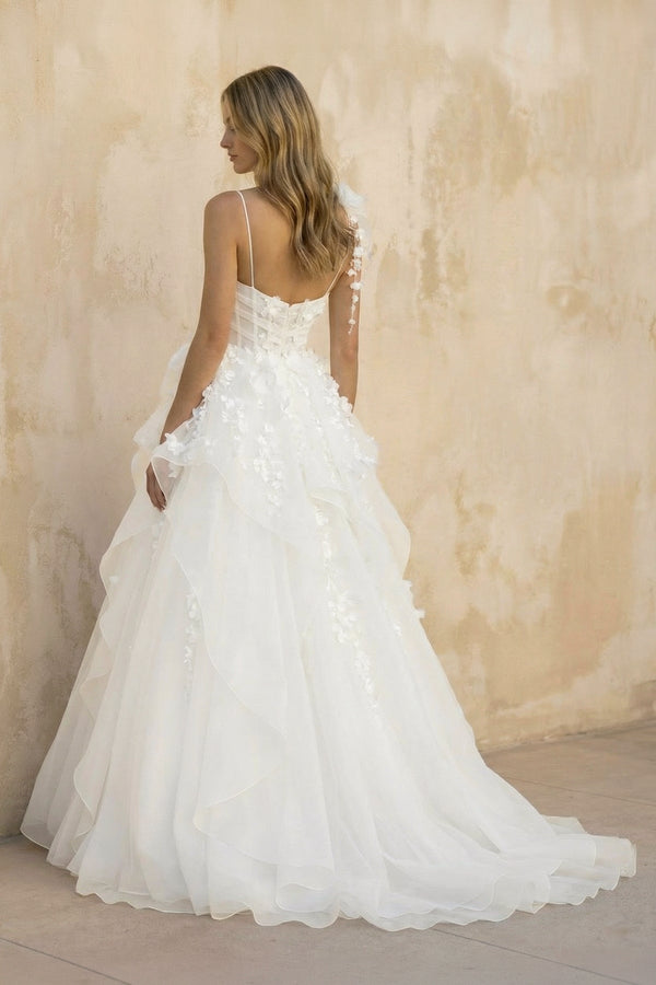 A Line Tulle Wedding Dress With Floral in White - KissProm Wedding Dresses