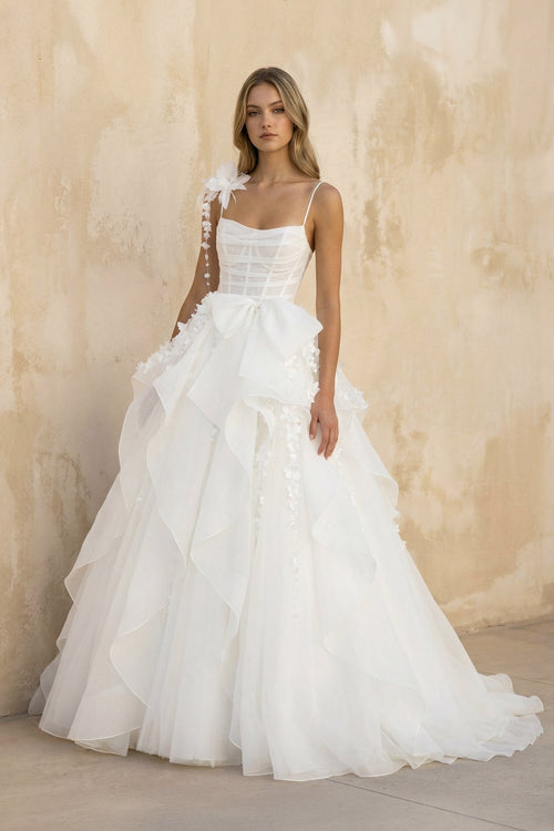A Line Tulle Wedding Dress With Floral in White - KissProm Wedding Dresses