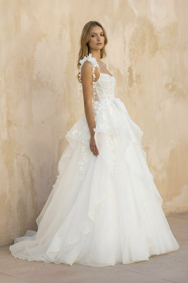 A Line Tulle Wedding Dress With Floral in White - KissProm Wedding Dresses