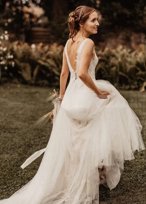 A Line V Neck Bohemian Wedding Dresses - KissProm