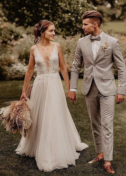 A Line V Neck Bohemian Wedding Dresses - KissProm