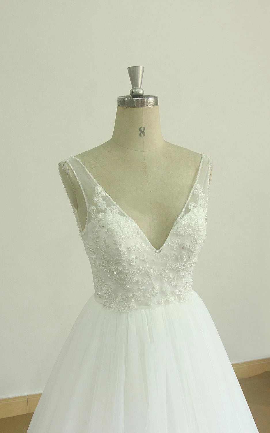 A-Line V-Neck Chapel Train Sleeveless Deep V Back Tulle Appliques Weddig Dress