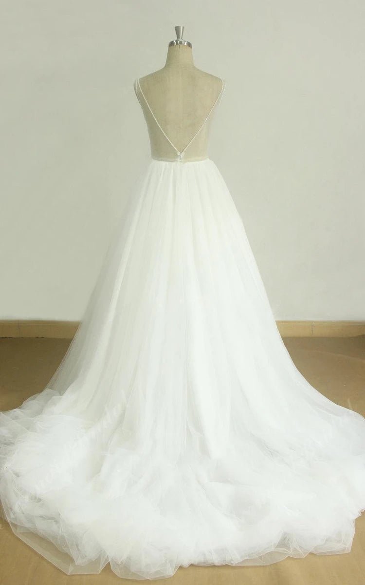 A-Line V-Neck Chapel Train Sleeveless Deep V Back Tulle Appliques Weddig Dress