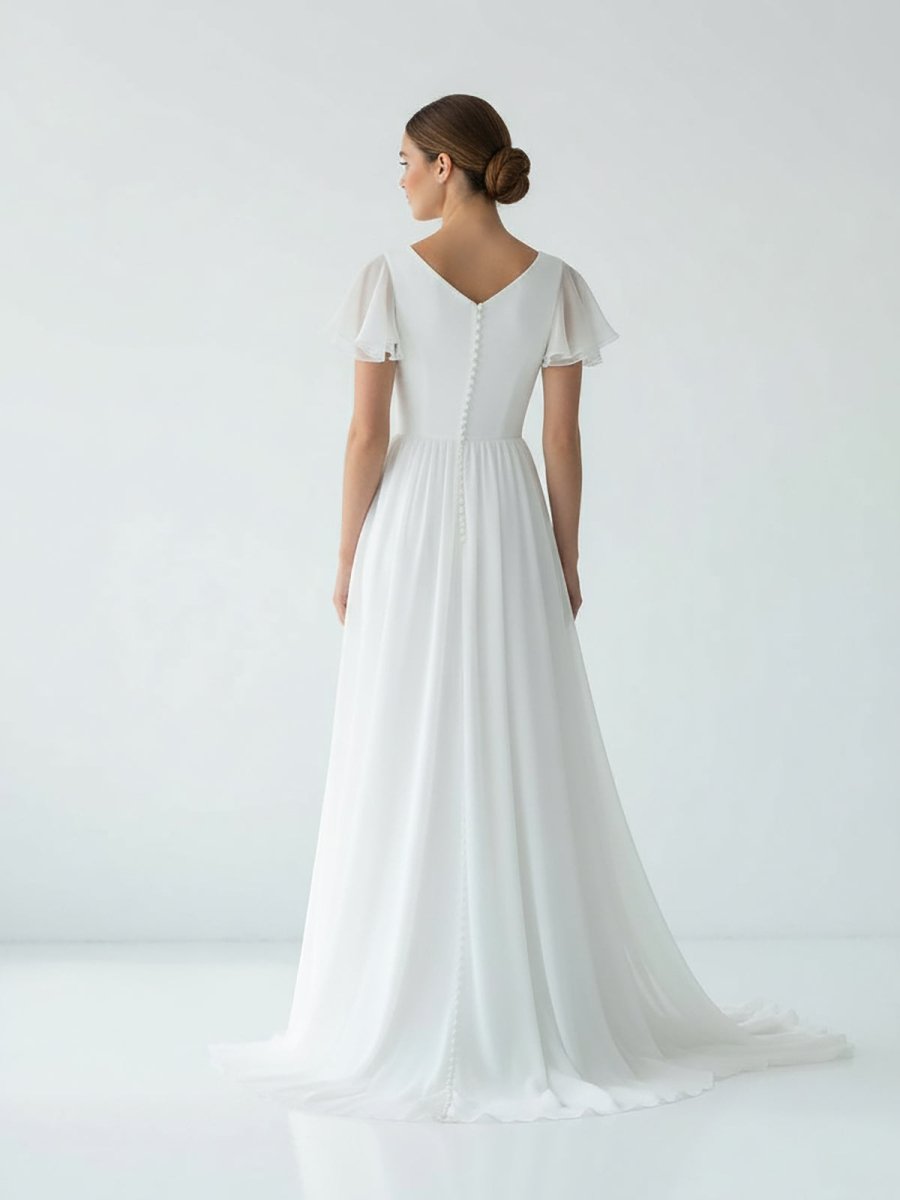 Liora | A Line V - neck Chiffon Floor - length Brush Train Short Sleeve Wedding Dress with Ruffles - KissProm