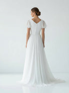 Liora | A Line V - neck Chiffon Floor - length Brush Train Short Sleeve Wedding Dress with Ruffles - KissProm