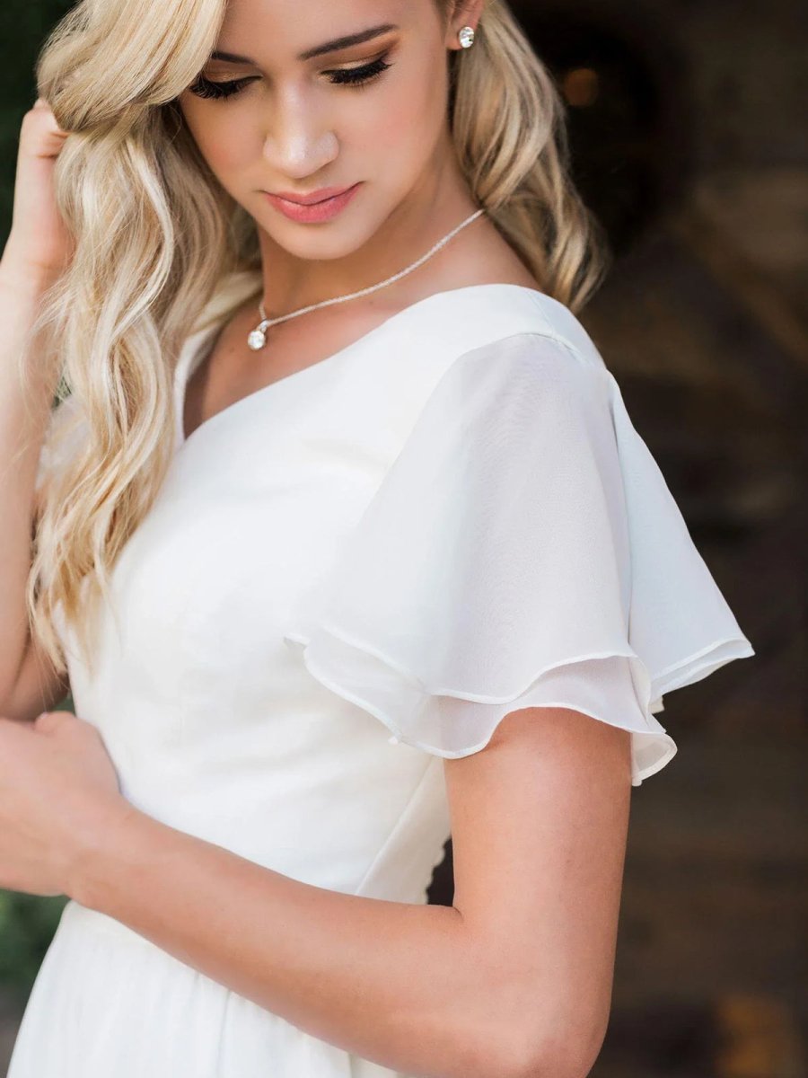 Liora | A Line V - neck Chiffon Floor - length Brush Train Short Sleeve Wedding Dress with Ruffles - KissProm