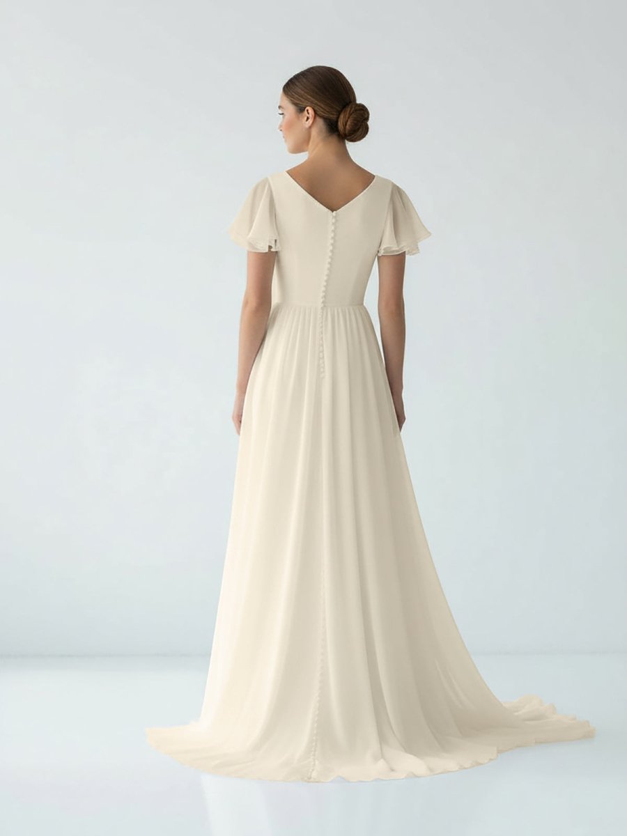 Liora | A Line V - neck Chiffon Floor - length Brush Train Short Sleeve Wedding Dress with Ruffles - KissProm