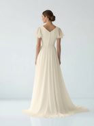 Liora | A Line V - neck Chiffon Floor - length Brush Train Short Sleeve Wedding Dress with Ruffles - KissProm