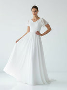 Liora | A Line V - neck Chiffon Floor - length Brush Train Short Sleeve Wedding Dress with Ruffles - KissProm