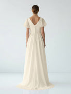 Liora | A Line V - neck Chiffon Floor - length Brush Train Short Sleeve Wedding Dress with Ruffles - KissProm