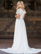 Liora | A Line V - neck Chiffon Floor - length Brush Train Short Sleeve Wedding Dress with Ruffles - KissProm