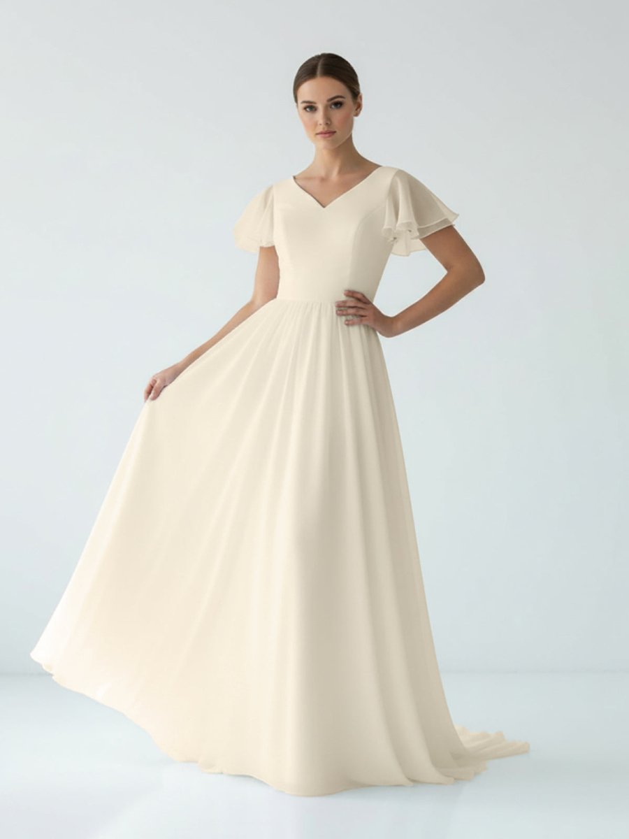 Liora | A Line V - neck Chiffon Floor - length Brush Train Short Sleeve Wedding Dress with Ruffles - KissProm