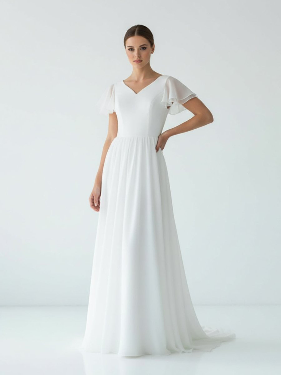 Liora | A Line V - neck Chiffon Floor - length Brush Train Short Sleeve Wedding Dress with Ruffles - KissProm