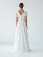 Liora | A Line V - neck Chiffon Floor - length Brush Train Short Sleeve Wedding Dress with Ruffles - KissProm