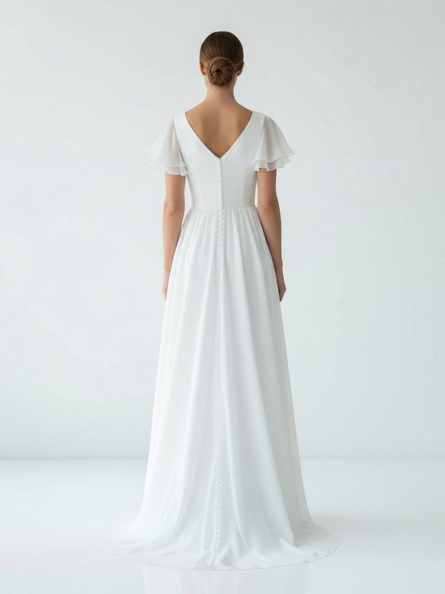 Liora | A Line V - neck Chiffon Floor - length Brush Train Short Sleeve Wedding Dress with Ruffles - KissProm