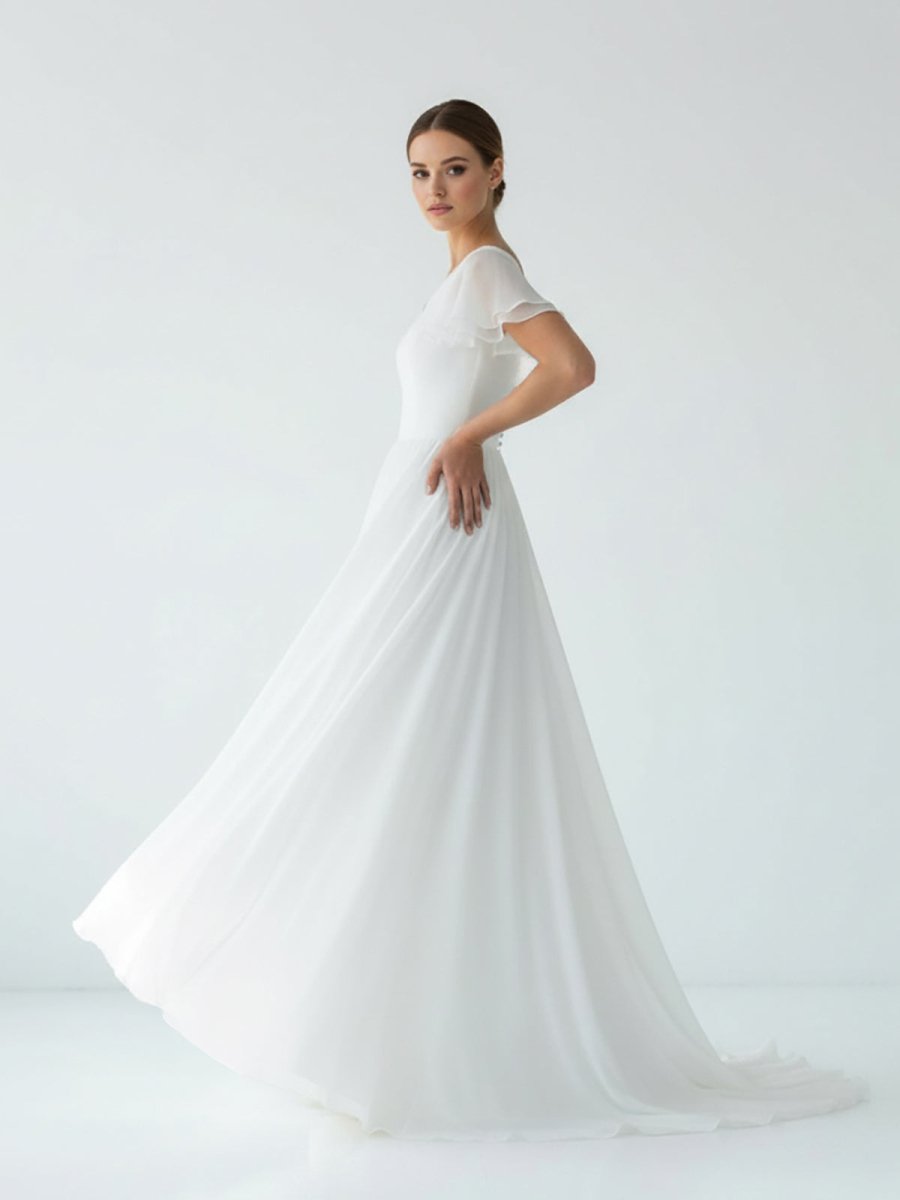 Liora | A Line V - neck Chiffon Floor - length Brush Train Short Sleeve Wedding Dress with Ruffles - KissProm