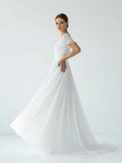 Liora | A Line V - neck Chiffon Floor - length Brush Train Short Sleeve Wedding Dress with Ruffles - KissProm